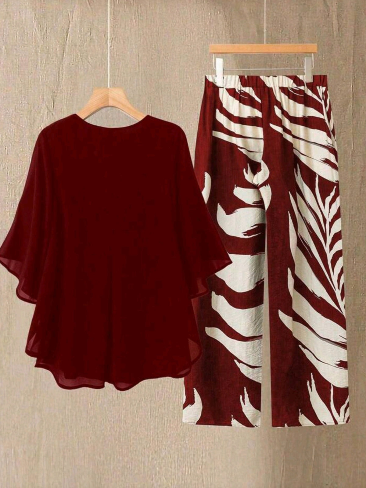 1593 2pcs Chiffon Batwing Sleeve Top and Pants