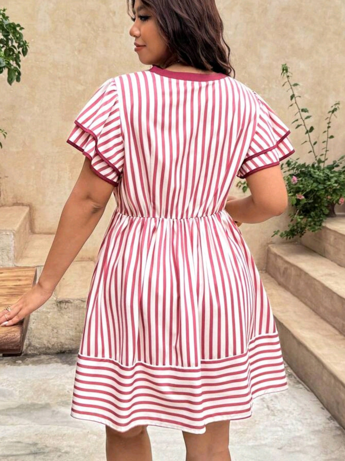 0330 V-Neck Contrast Trim Double Layer Flutter Sleeve Dress