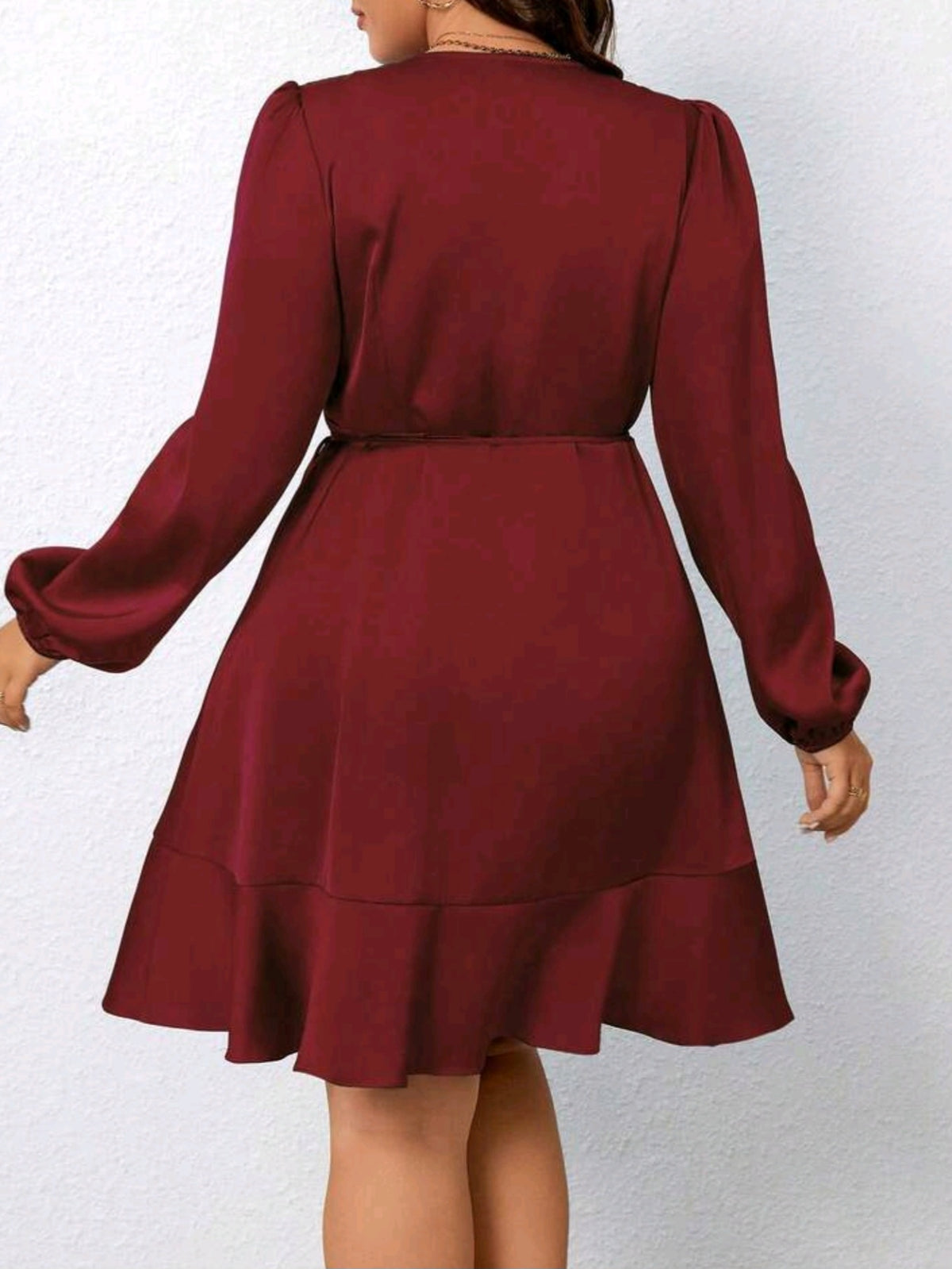 0966 Lantern Sleeve Side Tie Decor Satin Wrap Dress