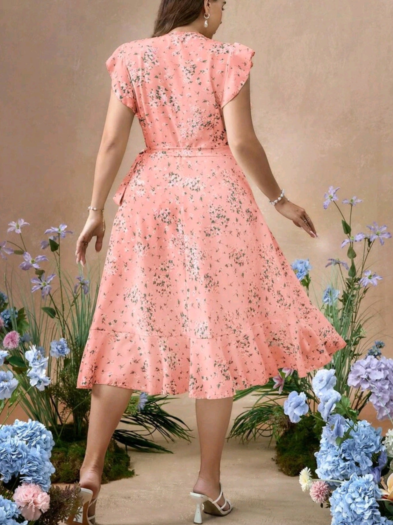 9883 Ruffled Sleeve Ditsy Floral Waist Fit & Flare Woven Dress