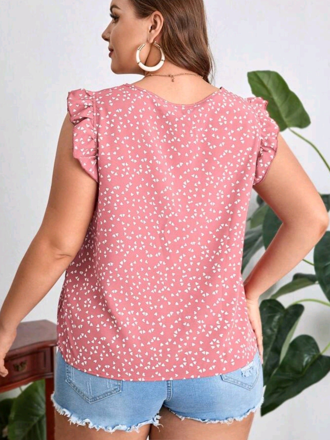 #0072 Heart Printed Ruffle Hem Sleeveless Blouse