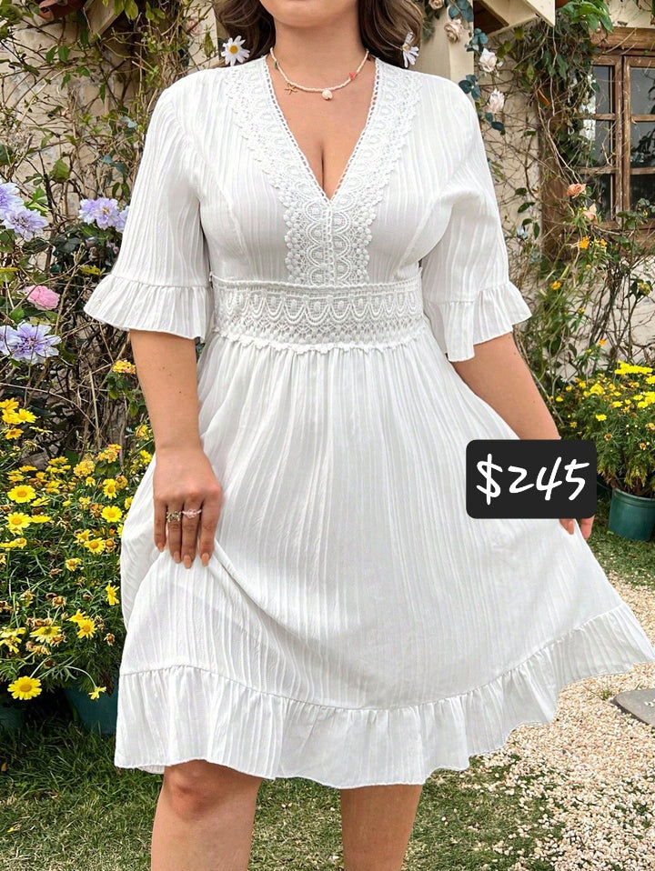 #1974 Lace Splicing V-Neck Dress With Ruffle Hem