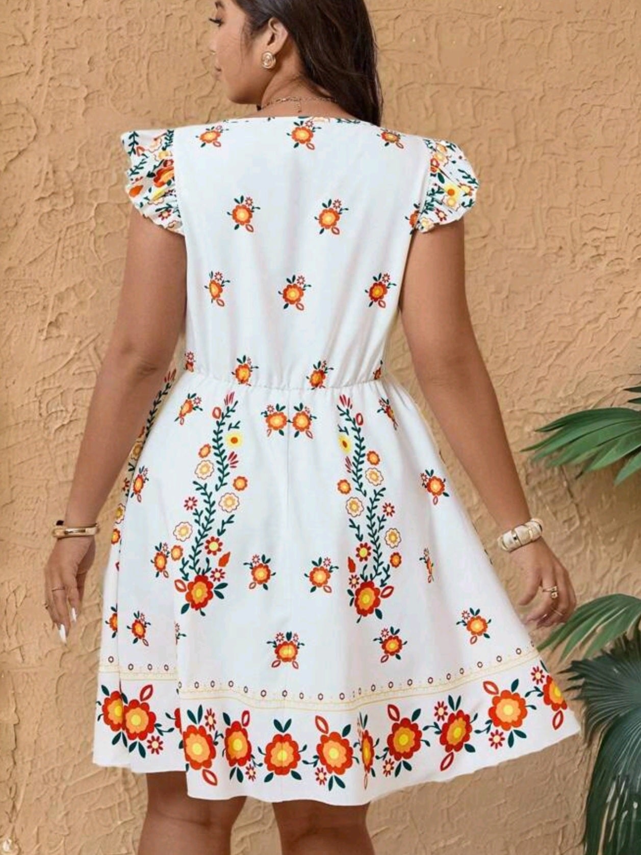 5855 Round Neck Tropical Print Cap Sleeve Dress with Front Bow