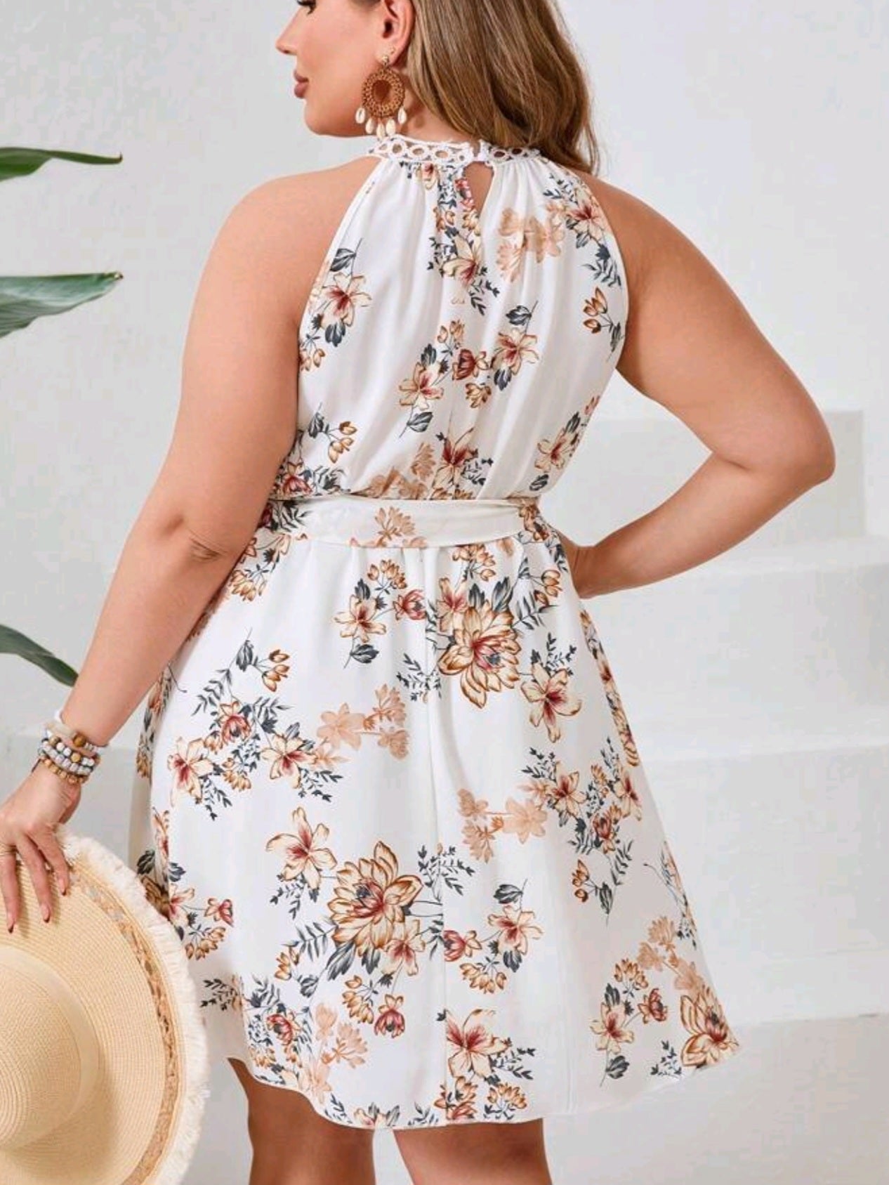 1601 Floral Print Halter Neckline Dress With Lace Trim