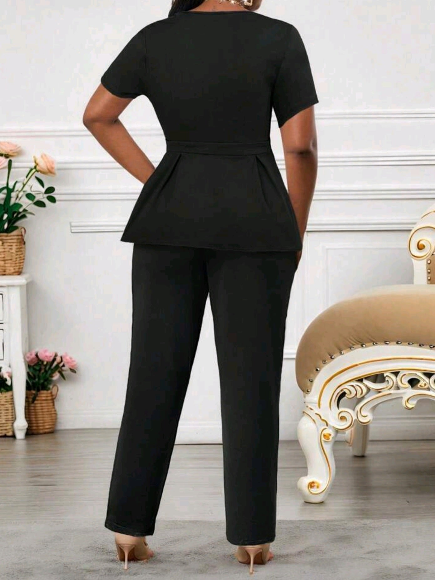 4691 2 pc V-Neck Short-Sleeved Waist Button Asymmetrical Hem Top Suit Pants