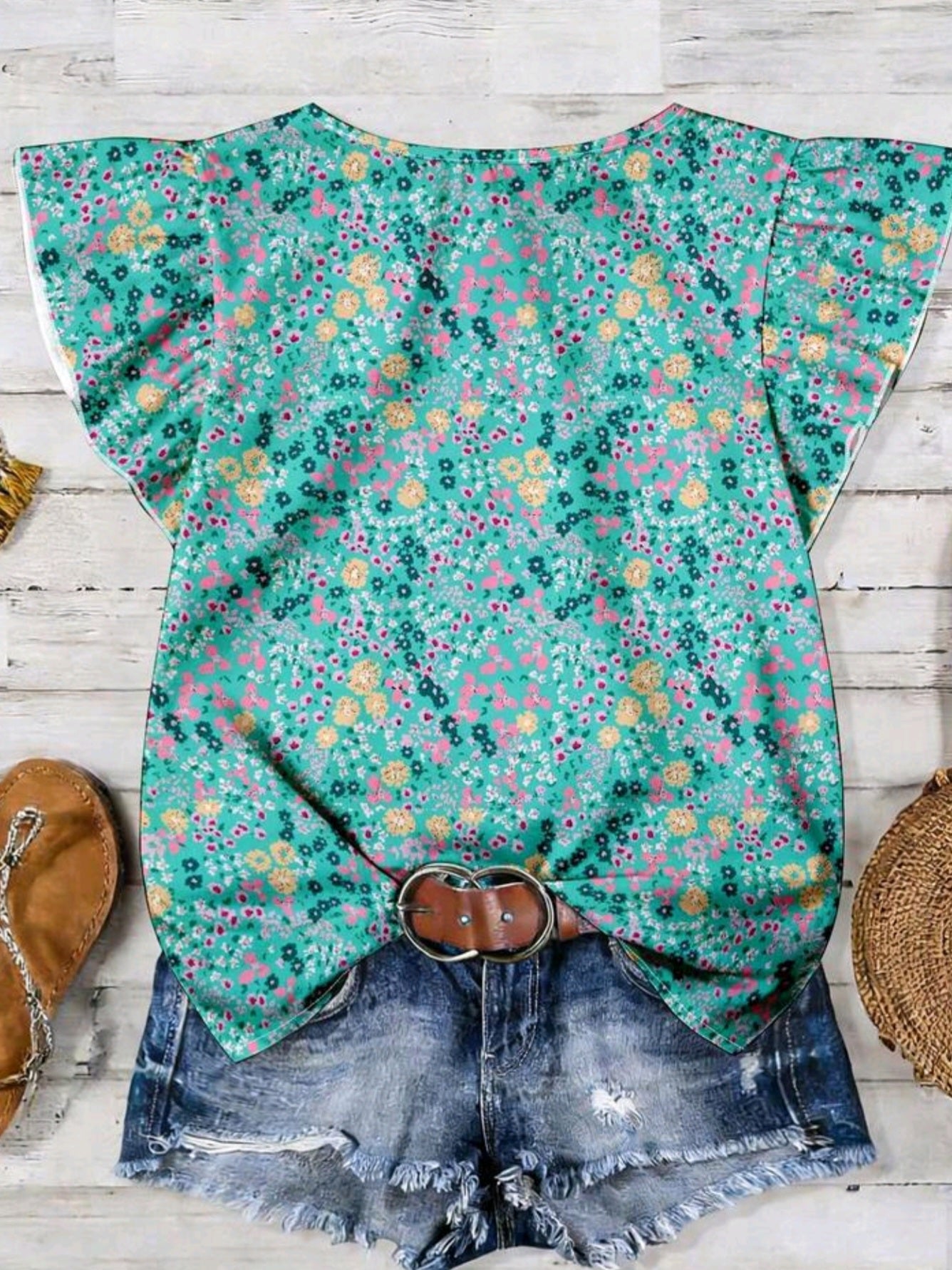 6297 Floral Ruffle Flutter Sleeve Blouse