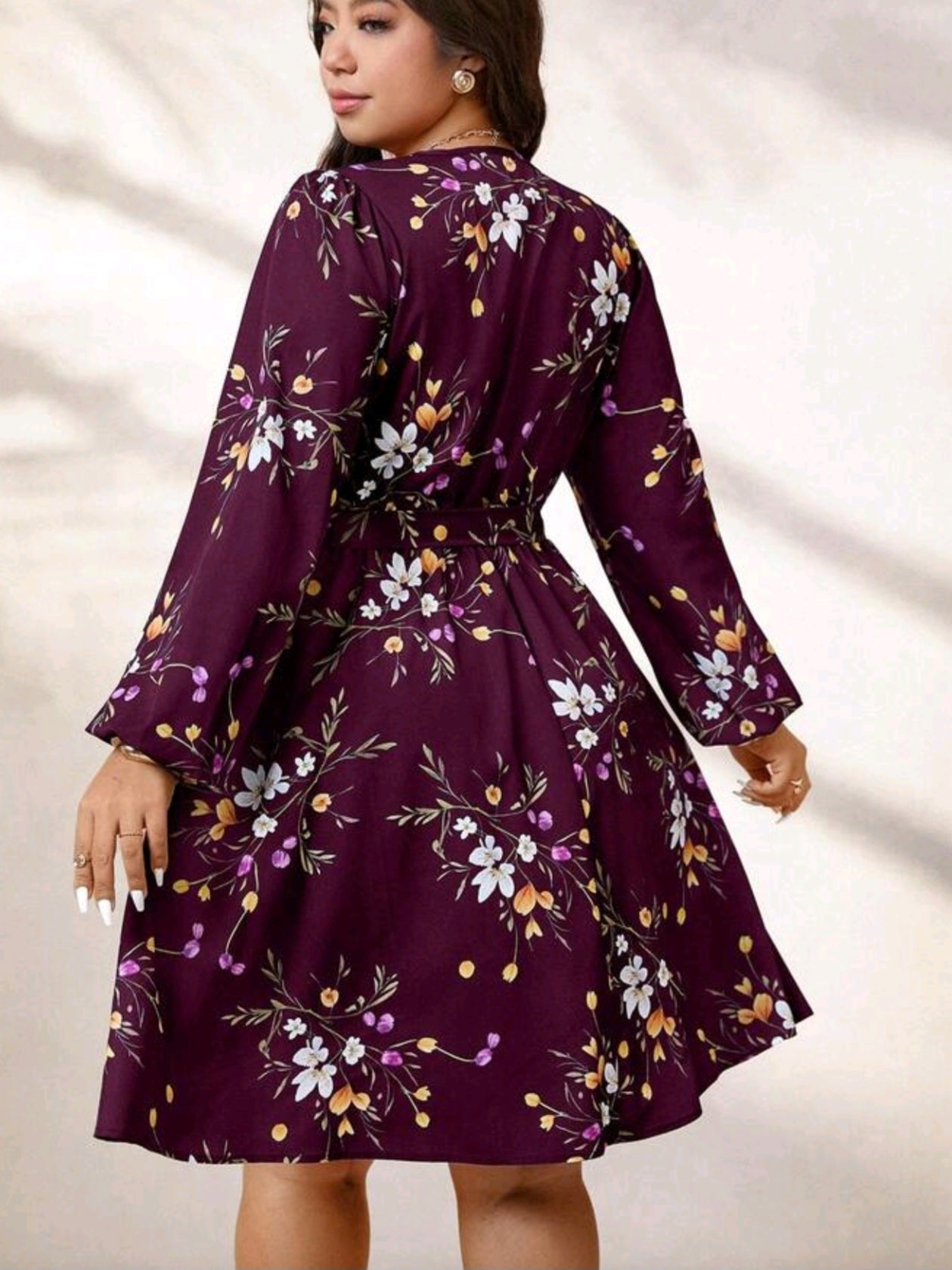 4463 V-Neck Long Sleeve Waist Tie Bow Floral Print Pleated A-Line Dress