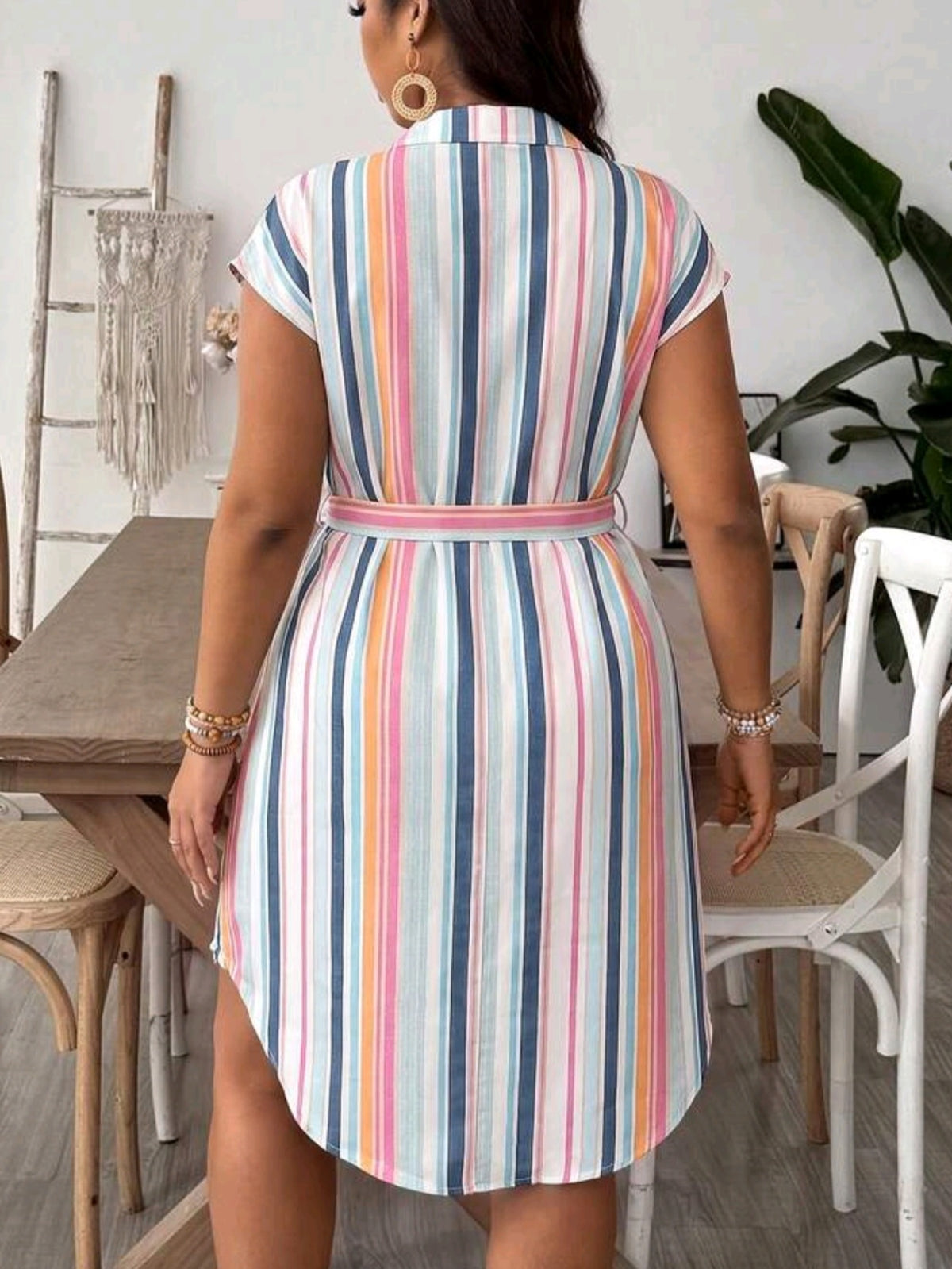 0673 Batwing Short Sleeve Shirt Dress With Waist Tie
