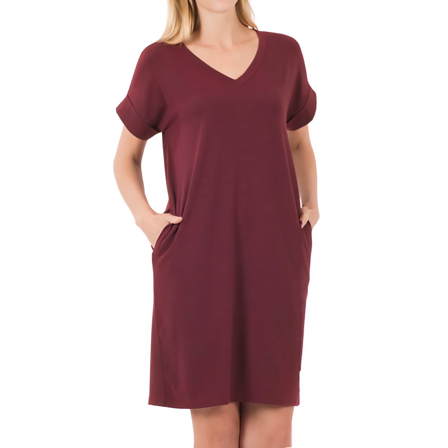 Rolled Short Sleeve V Neck Dress with pockets