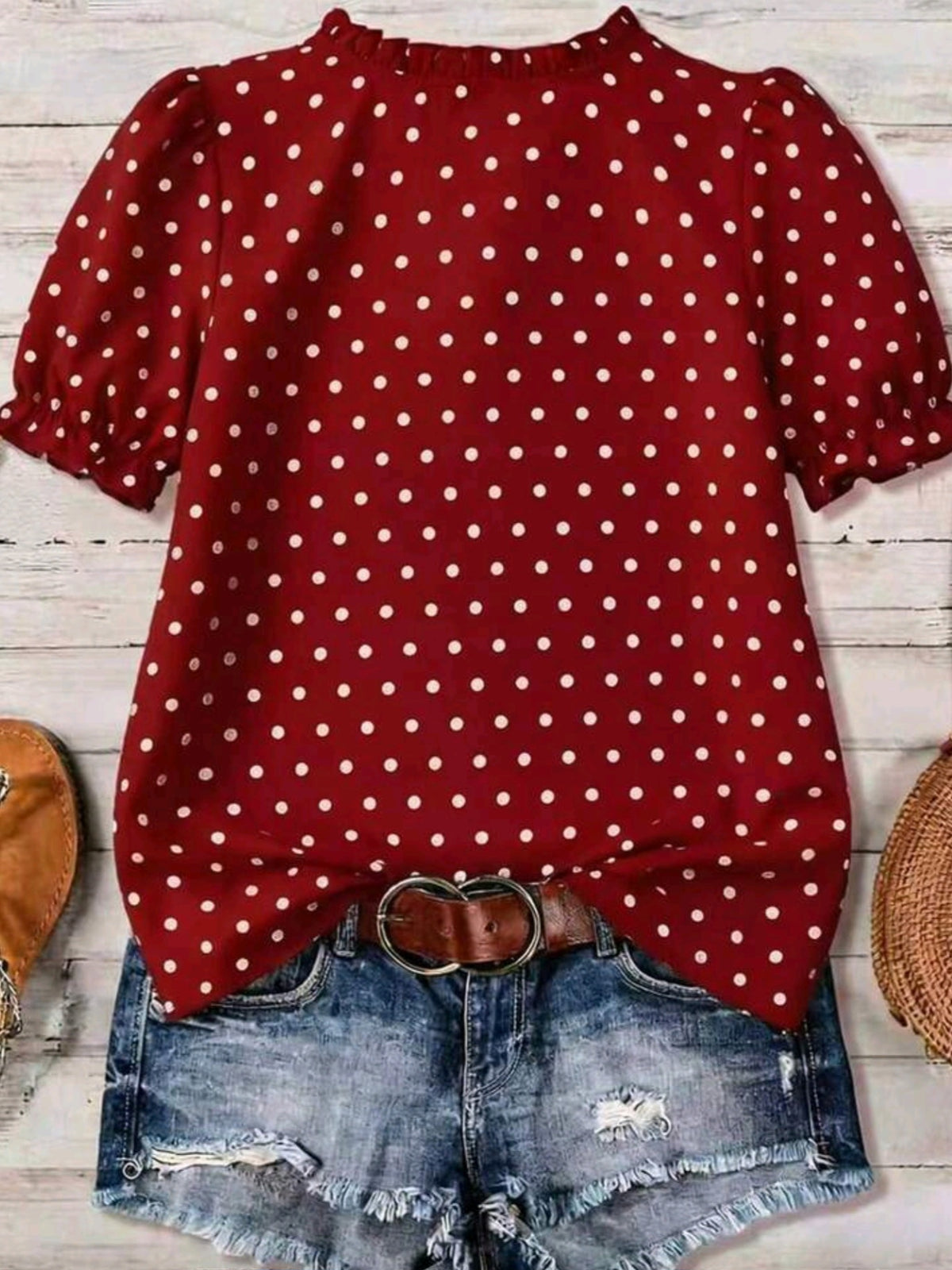 7696 Polka Dot V-Neck Ruffle Hem Blouse