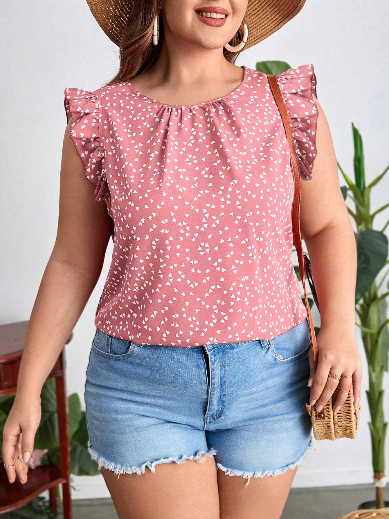 #0072 Heart Printed Ruffle Hem Sleeveless Blouse