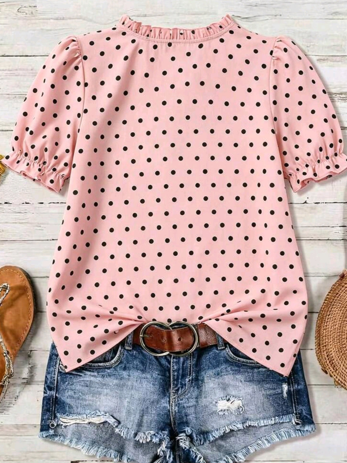 3755 Polka Dot V-Neck Ruffle Hem Blouse