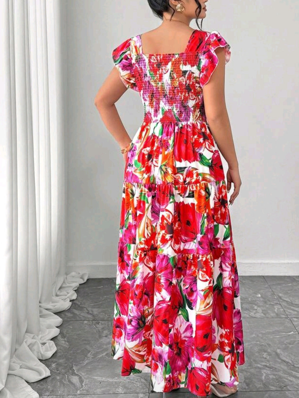 9549 Shirred Cap Sleeve Cinched Waist Dress