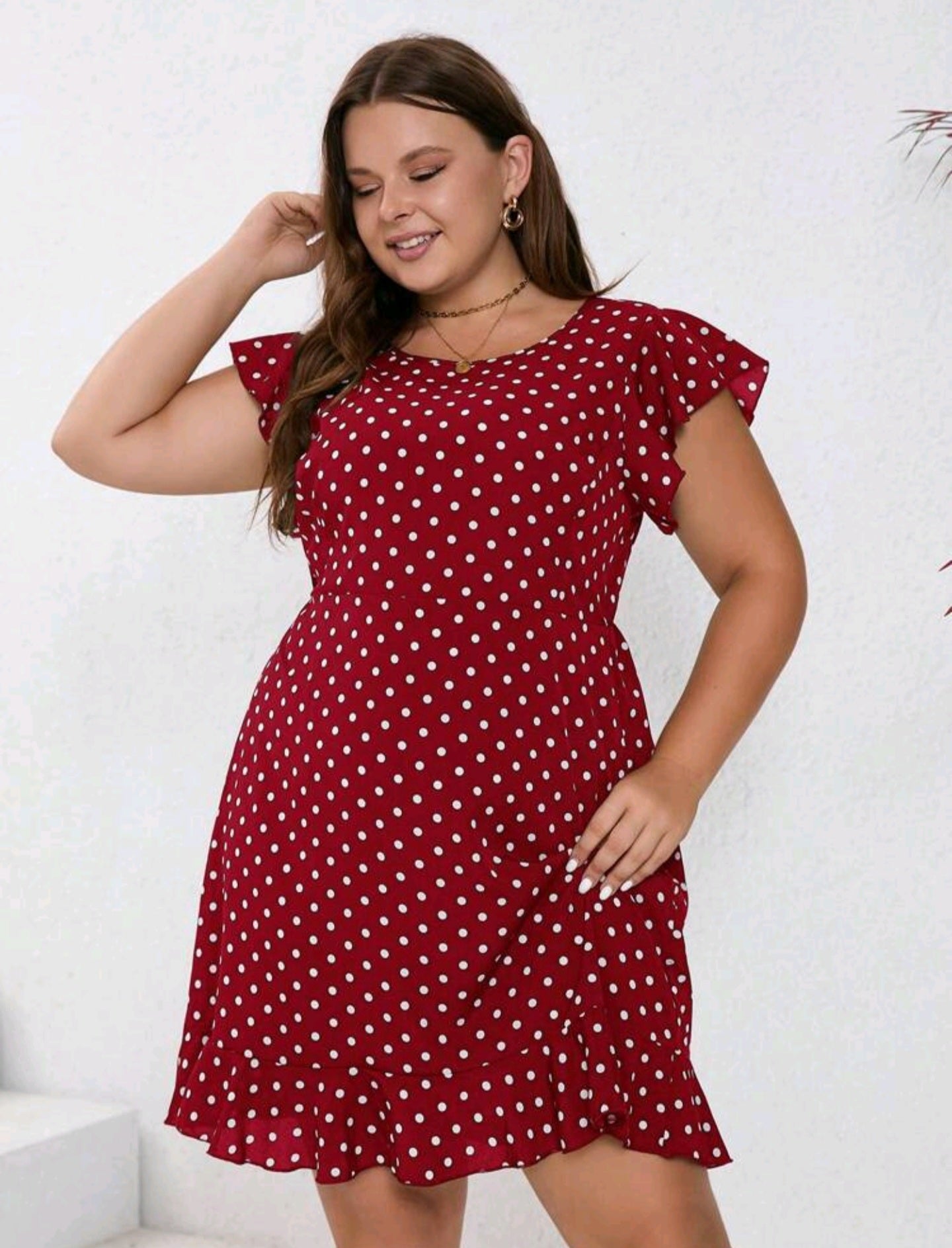 #5773 Polka Dot Print Round Neck Ruffle Sleeve Short Shift Dress
