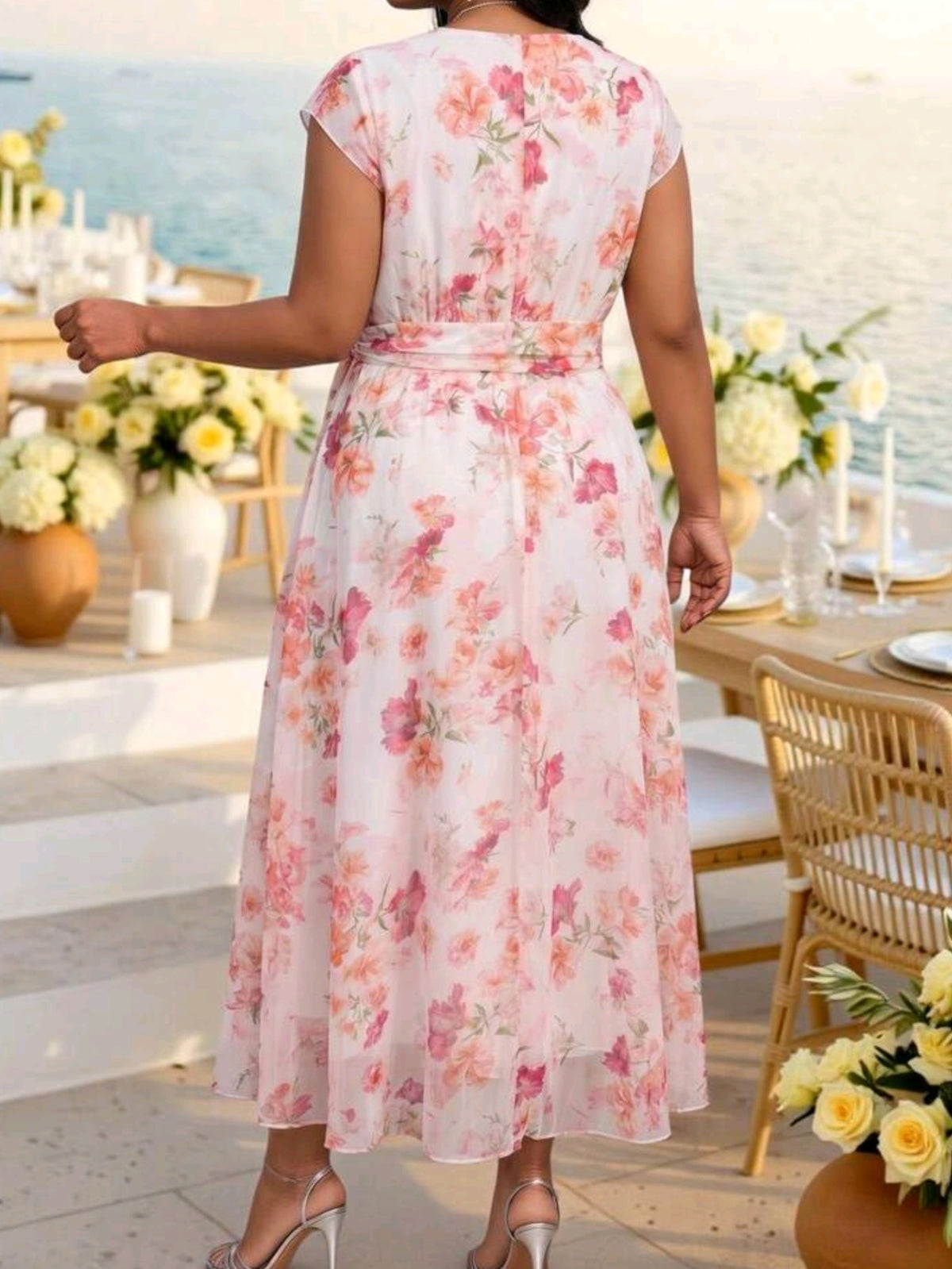 2324 Cowl Neck Floral Print Pleated Waist Defining Dress