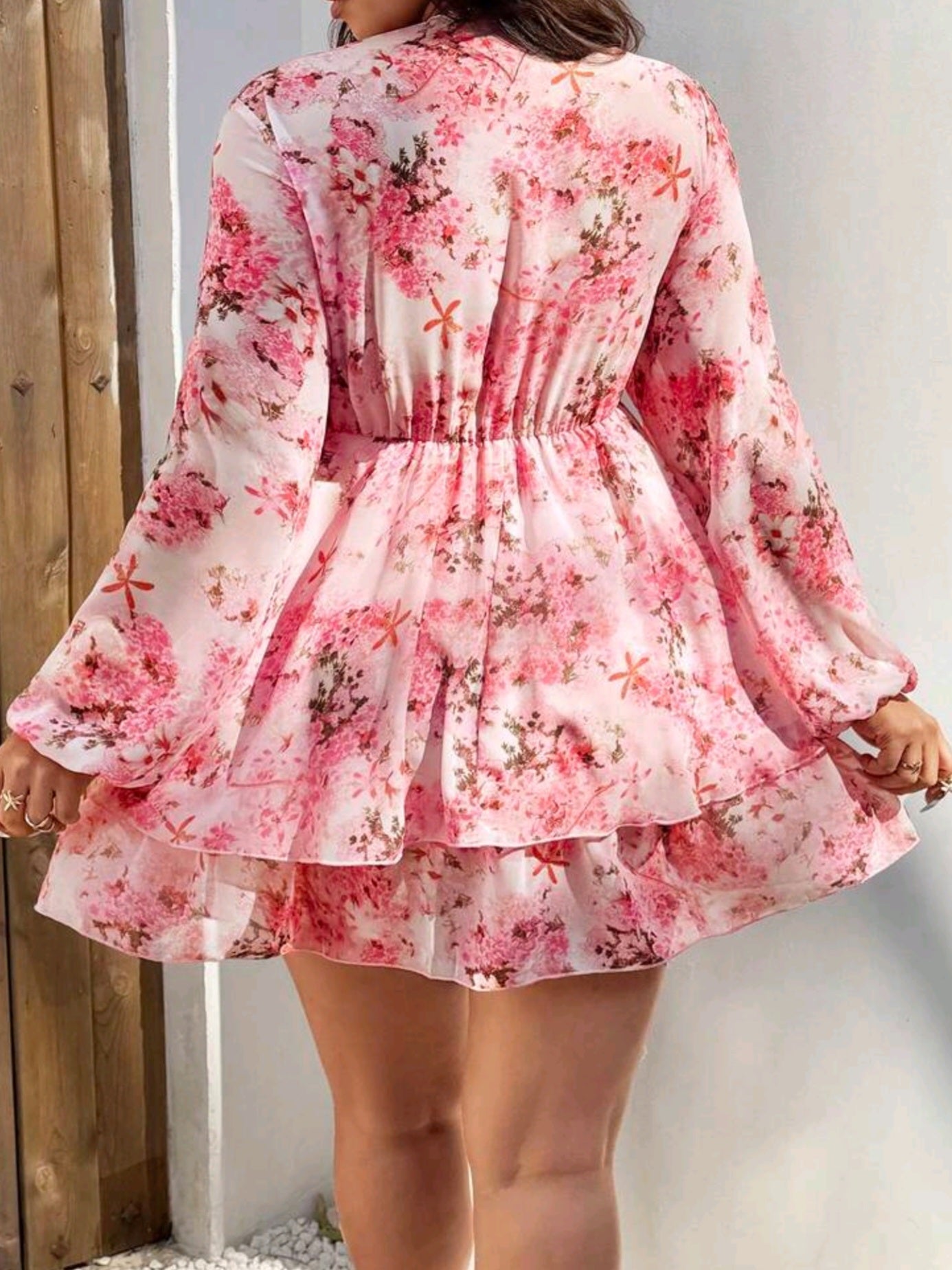 8571 V-Neck Waist Cinched Floral Print Ruffle Hem Long Sleeve Dress