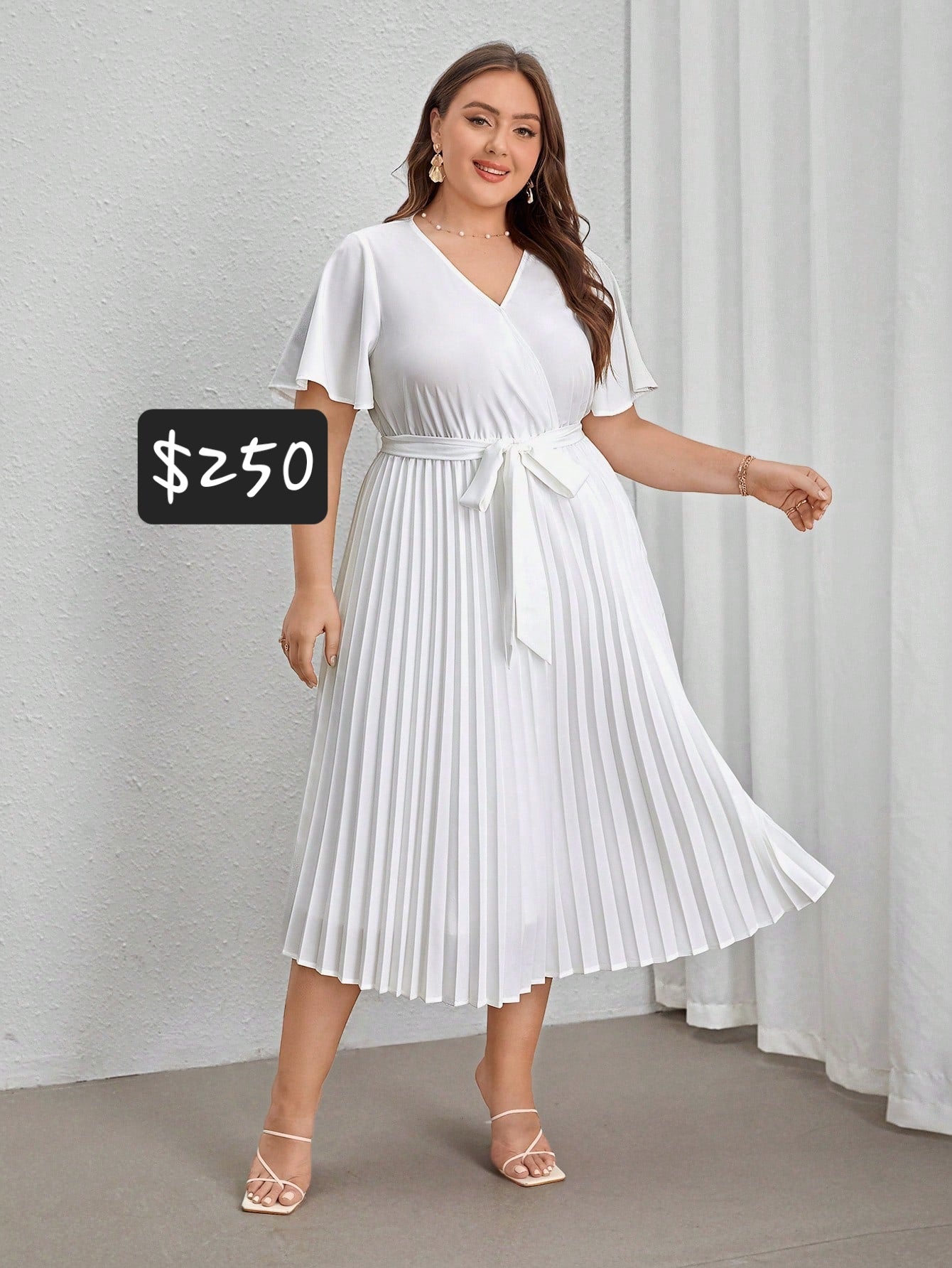 #6091 Elegant White Pleated Strap Dress