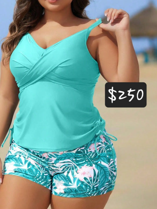 #9533 Floral Print Shorts With Adjustable Straps Top Tankini Set