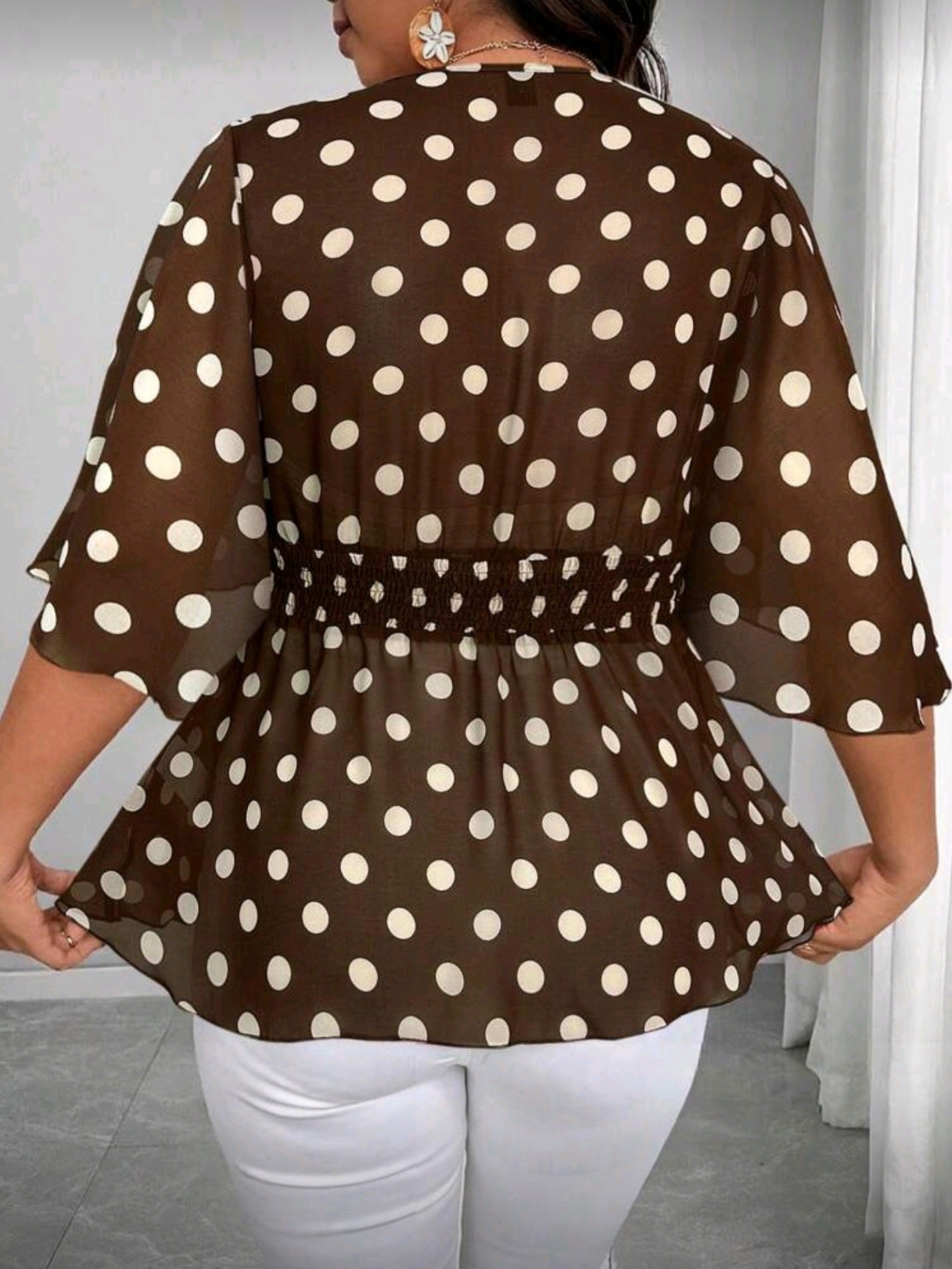 9575 Chiffon V-Neck Flare Sleeve Elastic Waist Ruffle Hem Blouse