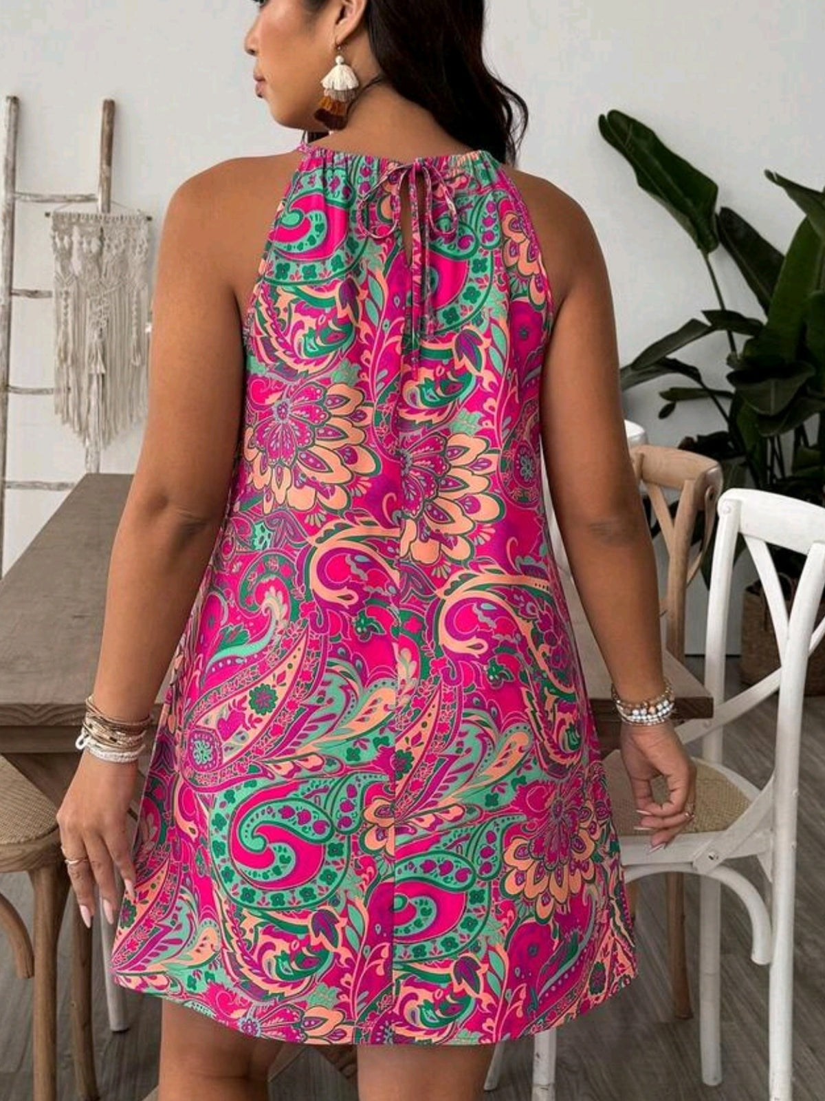 1768 Bohemian Print Tie Neck Dress