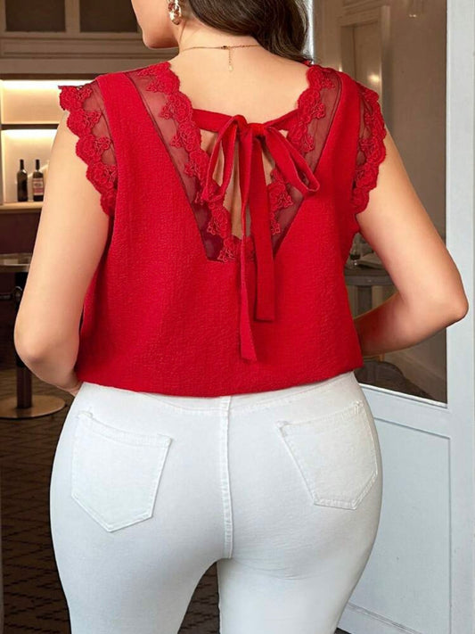 Embroidered Mesh Panel Blouse With Knot Back