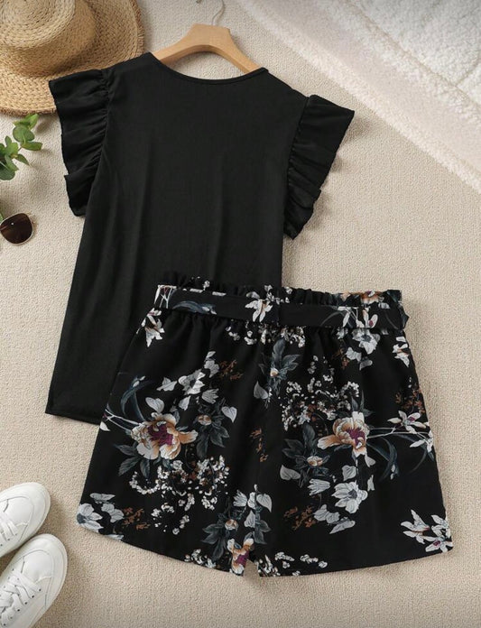 5526 / 6210 Ruffle Trim Tee & Leopard Print Paperbag Waist Belted Shorts