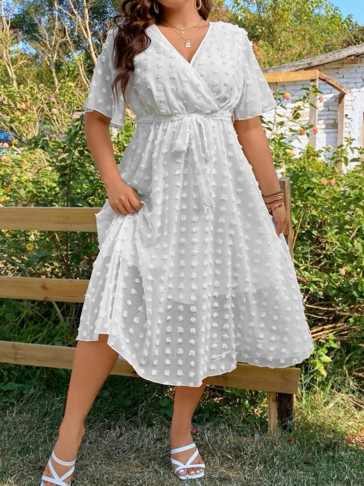 Swiss Dot Surplice Neck Belted Dress