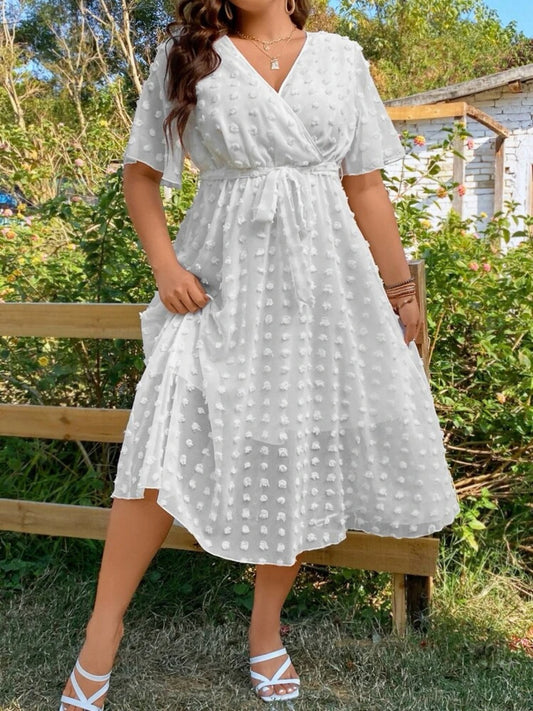 Swiss Dot Surplice Neck Belted Dress