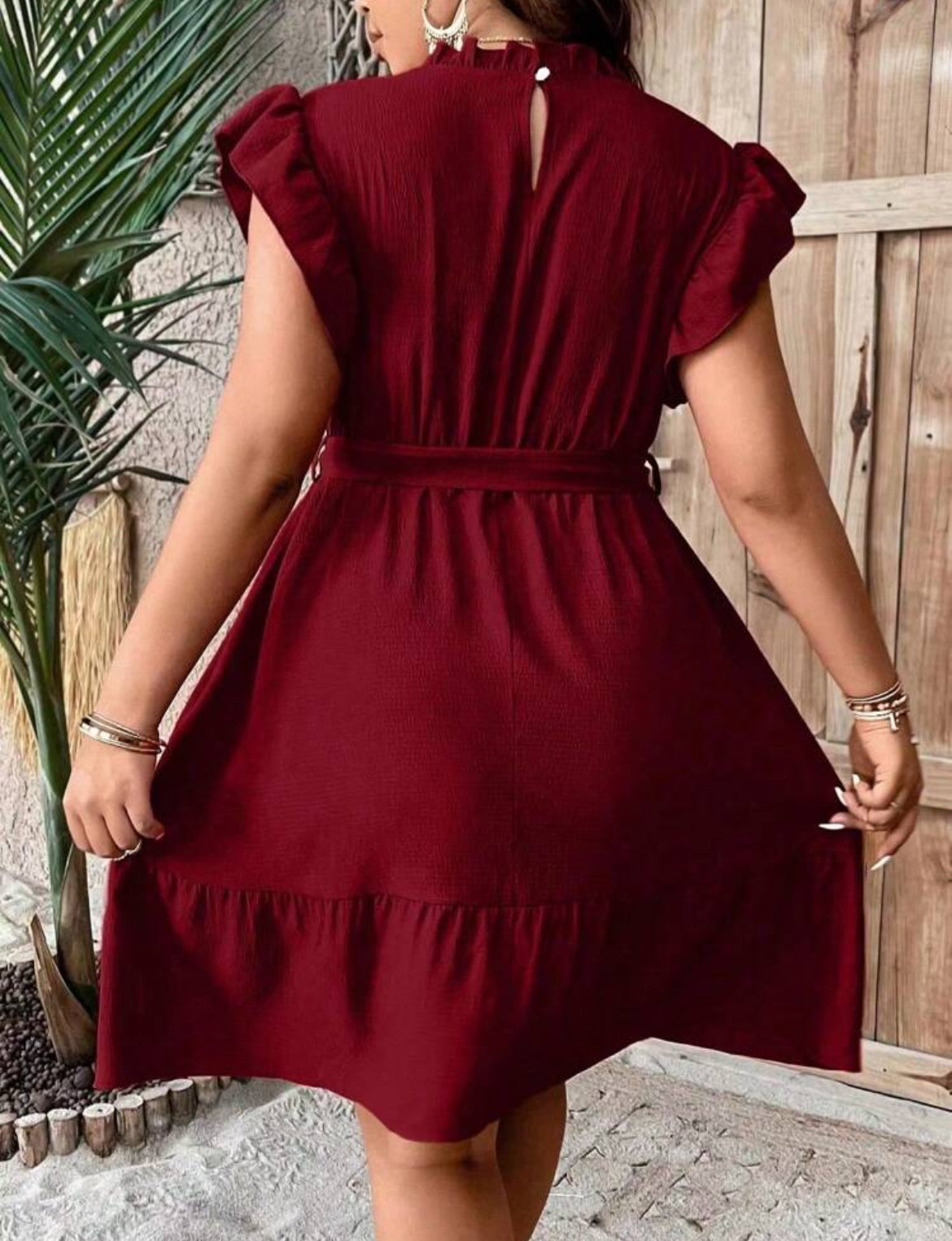 #8495 Ruffle Trim Ruffle Hem Belted Dress