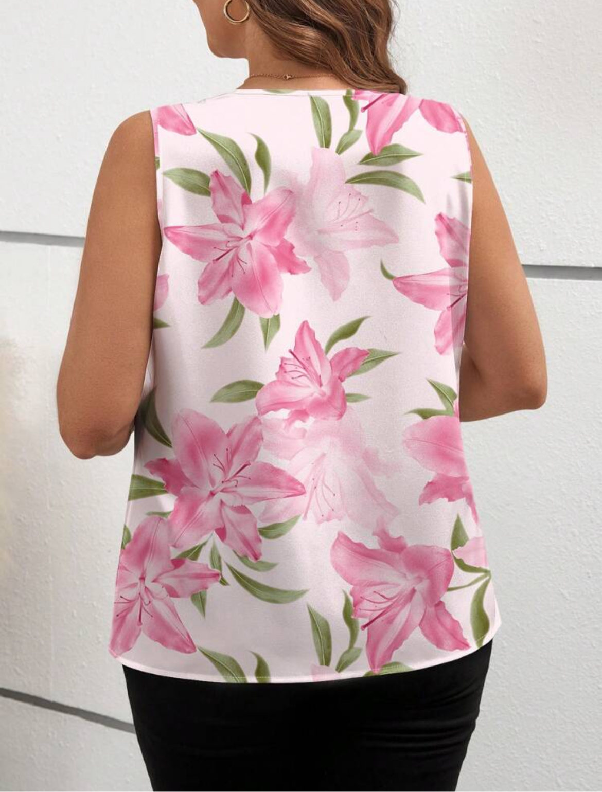 C#9956 Pink Floral Sleeveless V-Neck Blouse