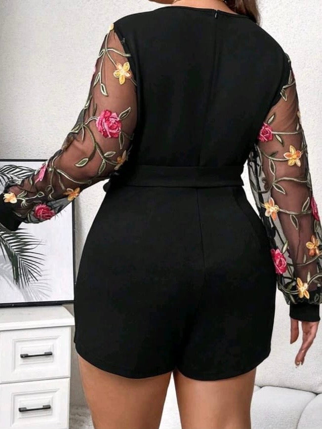 Floral Embroidery Mesh Sleeve Belted Romper