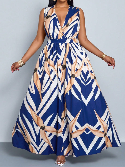 #7333 Sleeveless Floral Elasticated Waist Maxi Dress