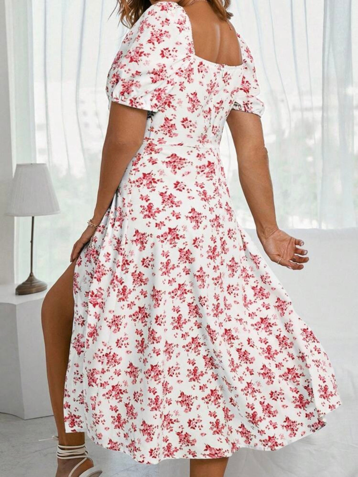 Ditsy Floral Print Knot Front Split Thigh Dress