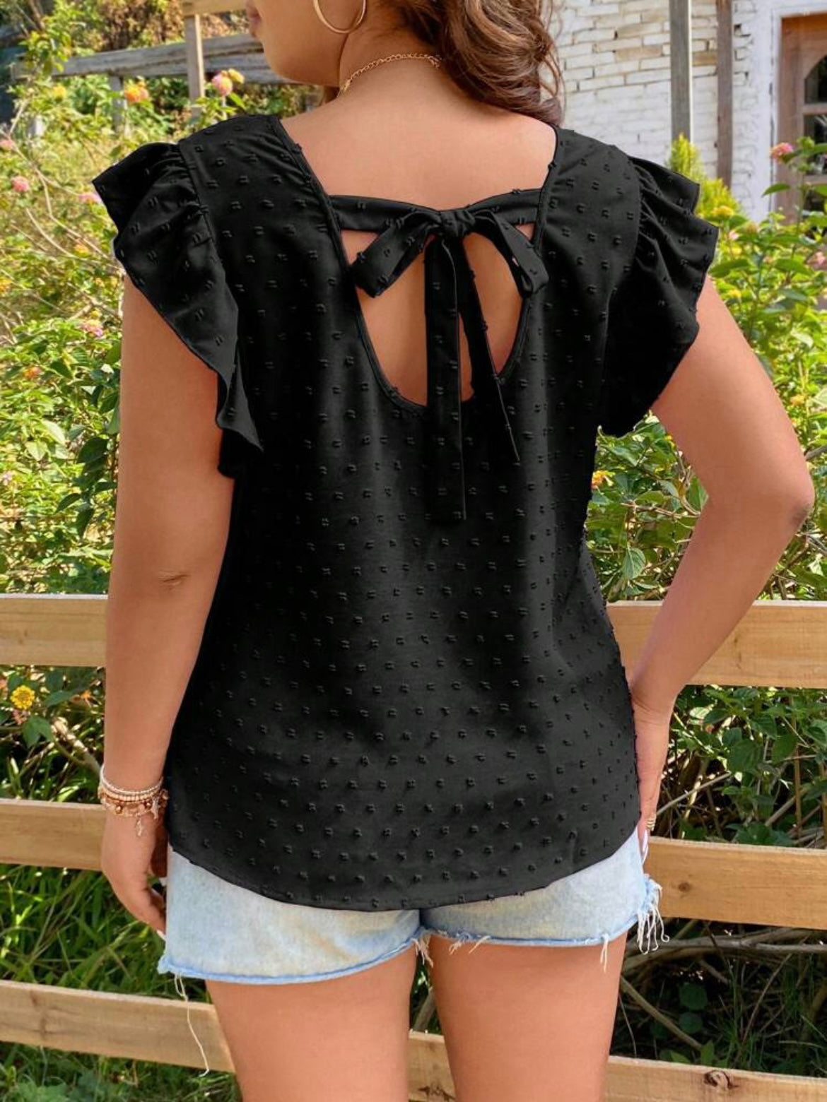 Swiss Dot Ruffle Trim Blouse