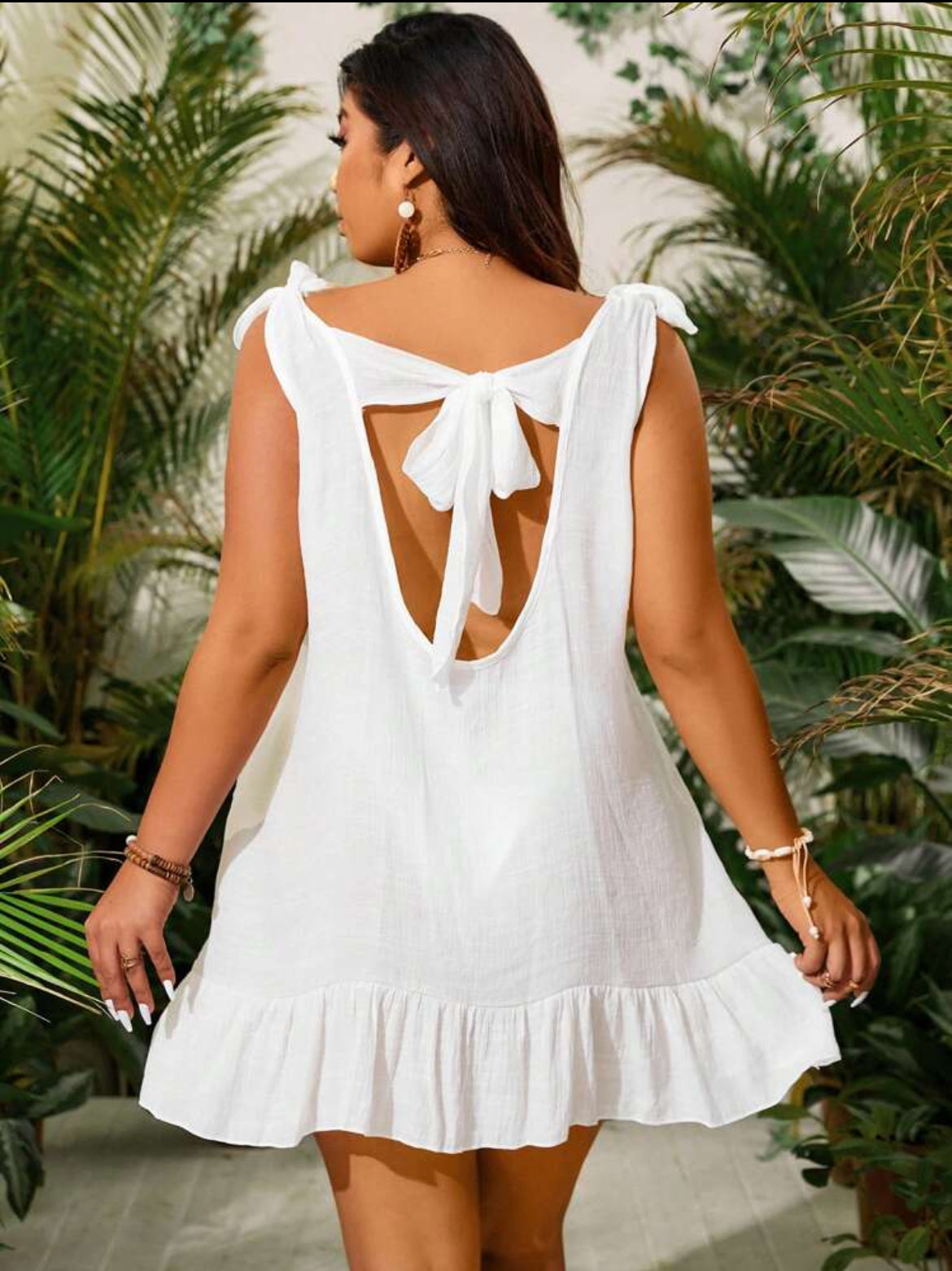 #1199 Shoulder Knot Ruffle Hem Sheer Cover Up Dress