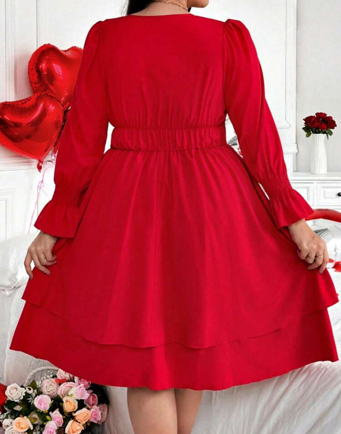 #5447 Solid Color Cross Shirred Double-Layered Hem Elastic Cuff Long Sleeve Dress