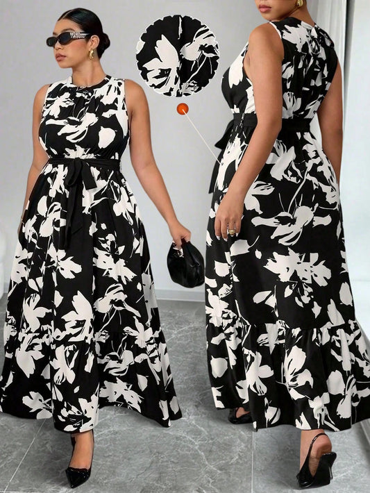 #0405 Sleeveless Elegant Floral Pattern A-Line Wrap Dress