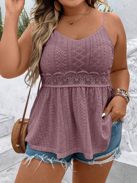 Eyelet Embroidery Contrast Lace Peplum Cami Top