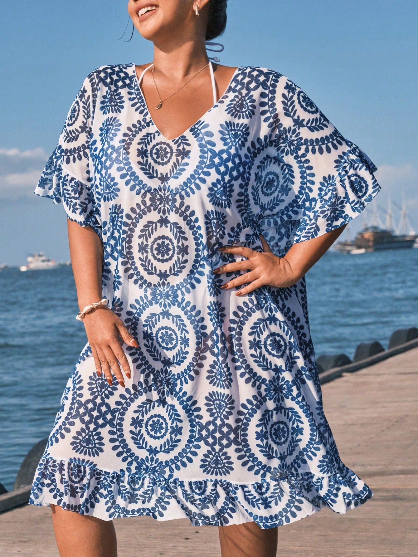 #1109 Plant Print V-Neck Batwing Sleeve Loose Cover Up Dress