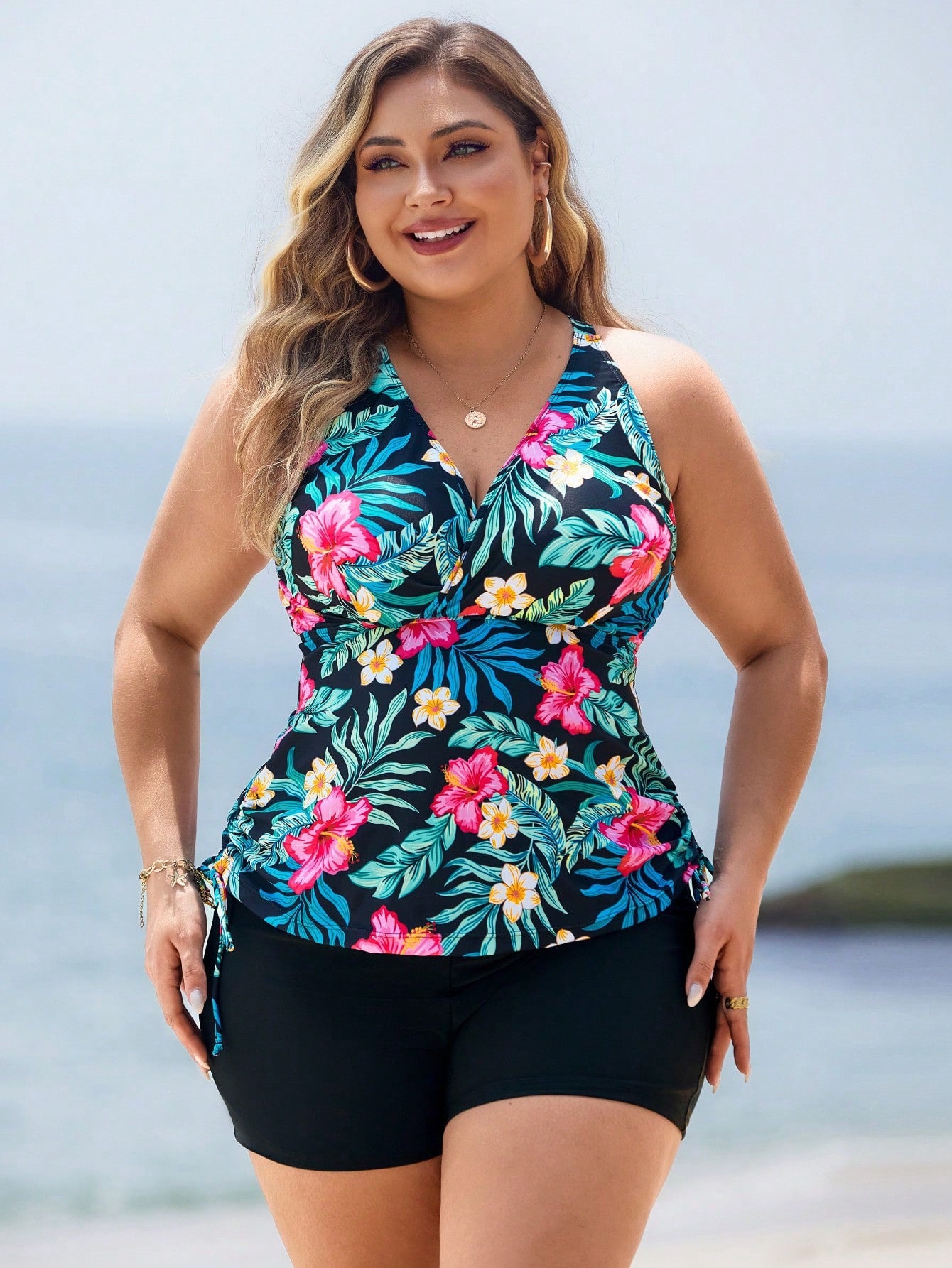 #8355 2 piece Tropical Floral Print Halter Swimwear