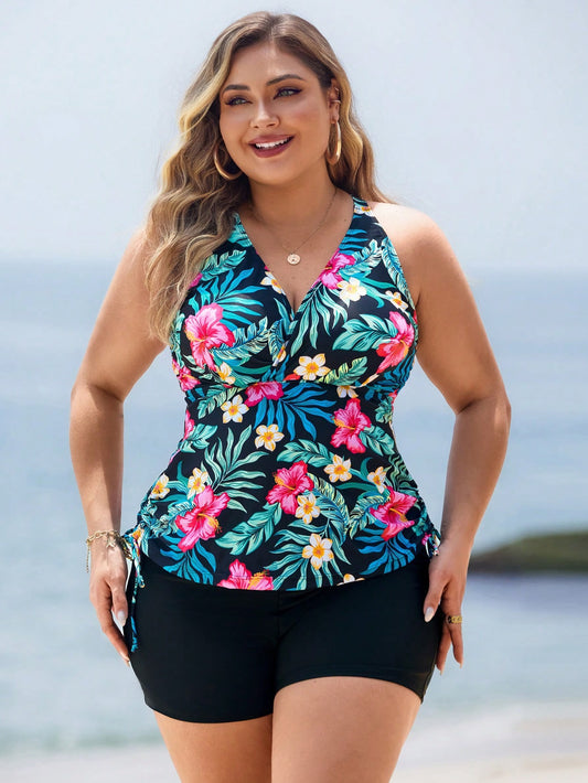 #8355 2 piece Tropical Floral Print Halter Swimwear