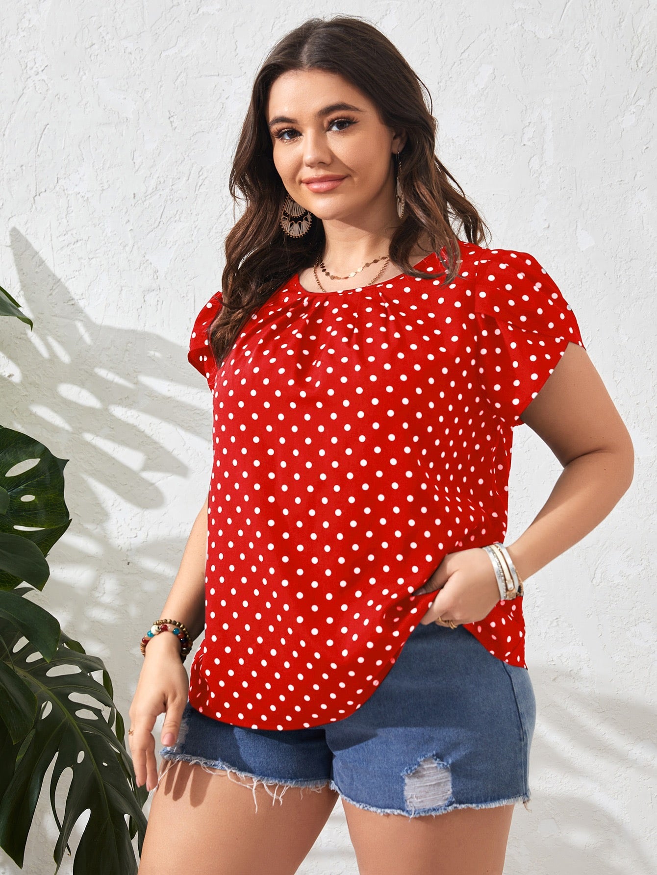 #4644 Polka Dot Print Petal Sleeve Blouse