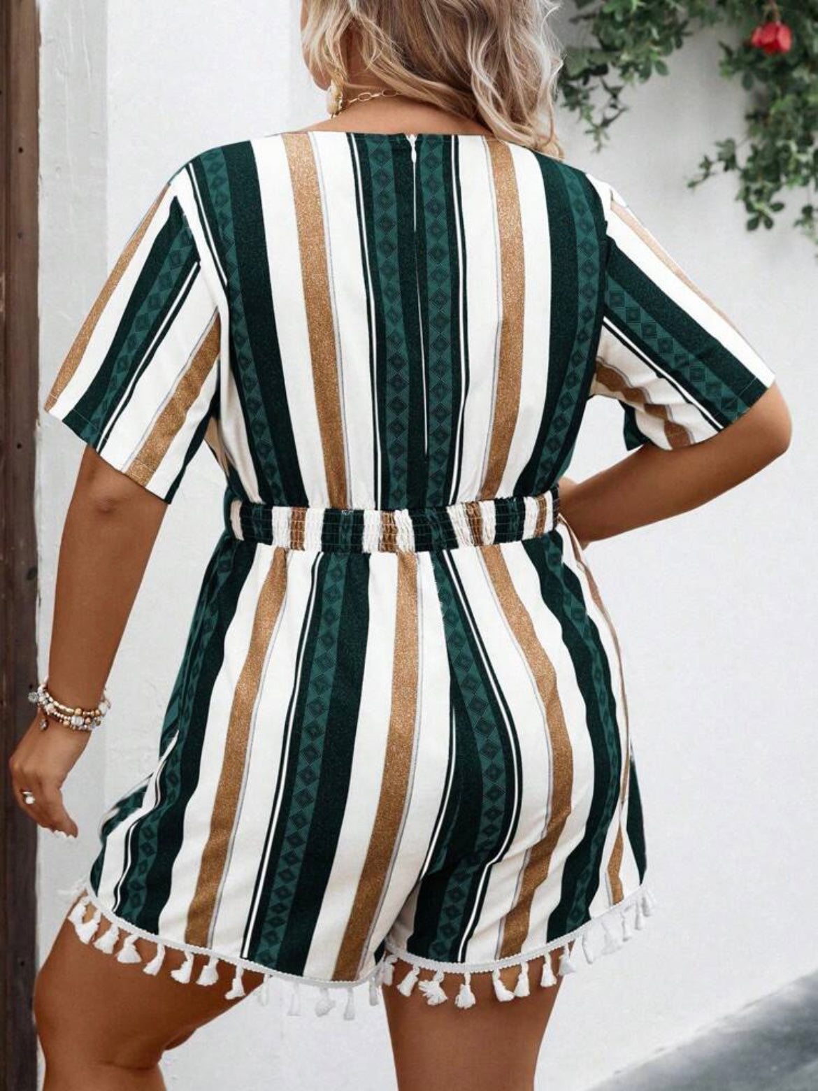 Striped Tassel Trim Romper