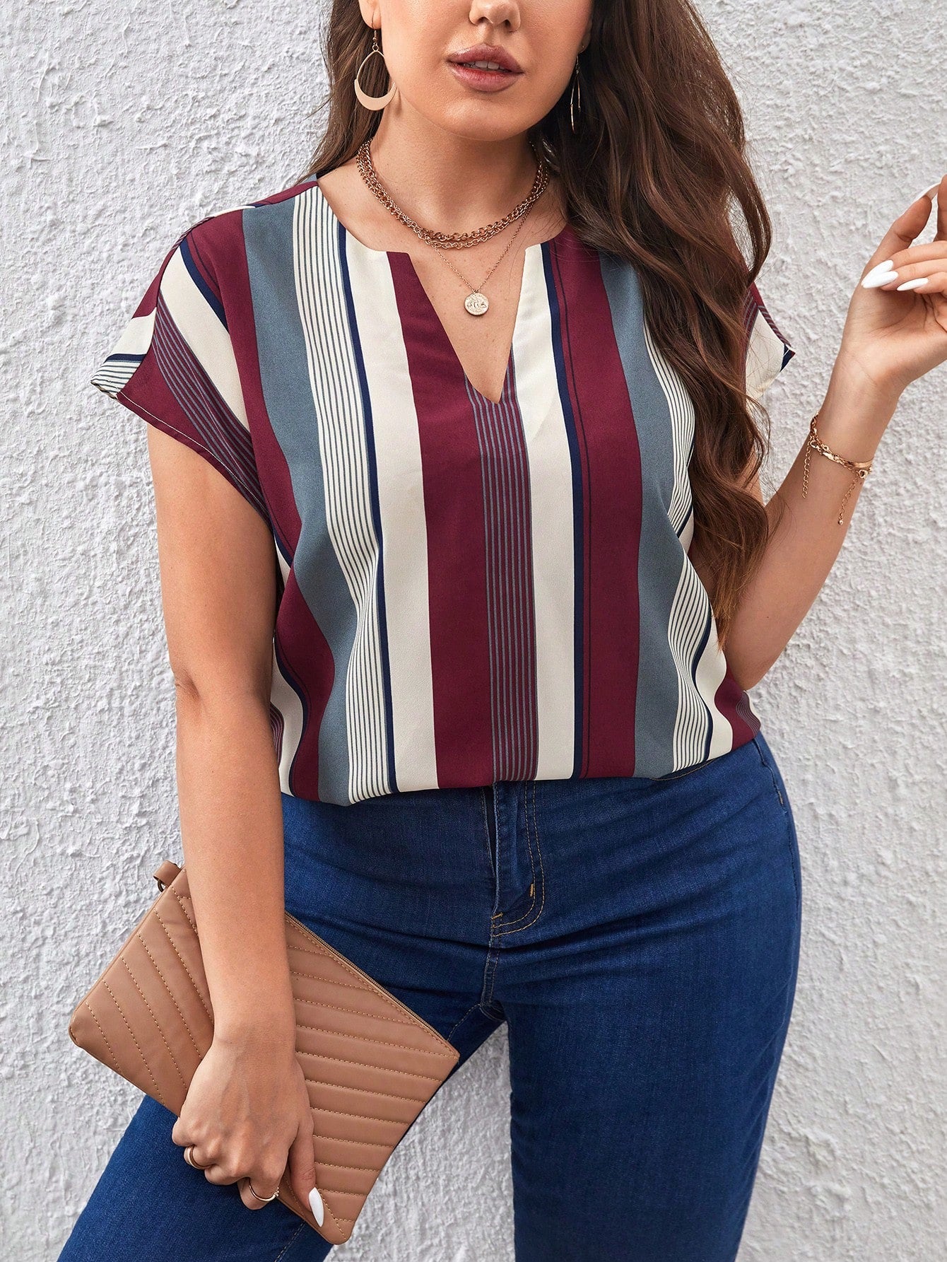 #9178 Striped Notched Neckline Batwing Sleeve Blouse