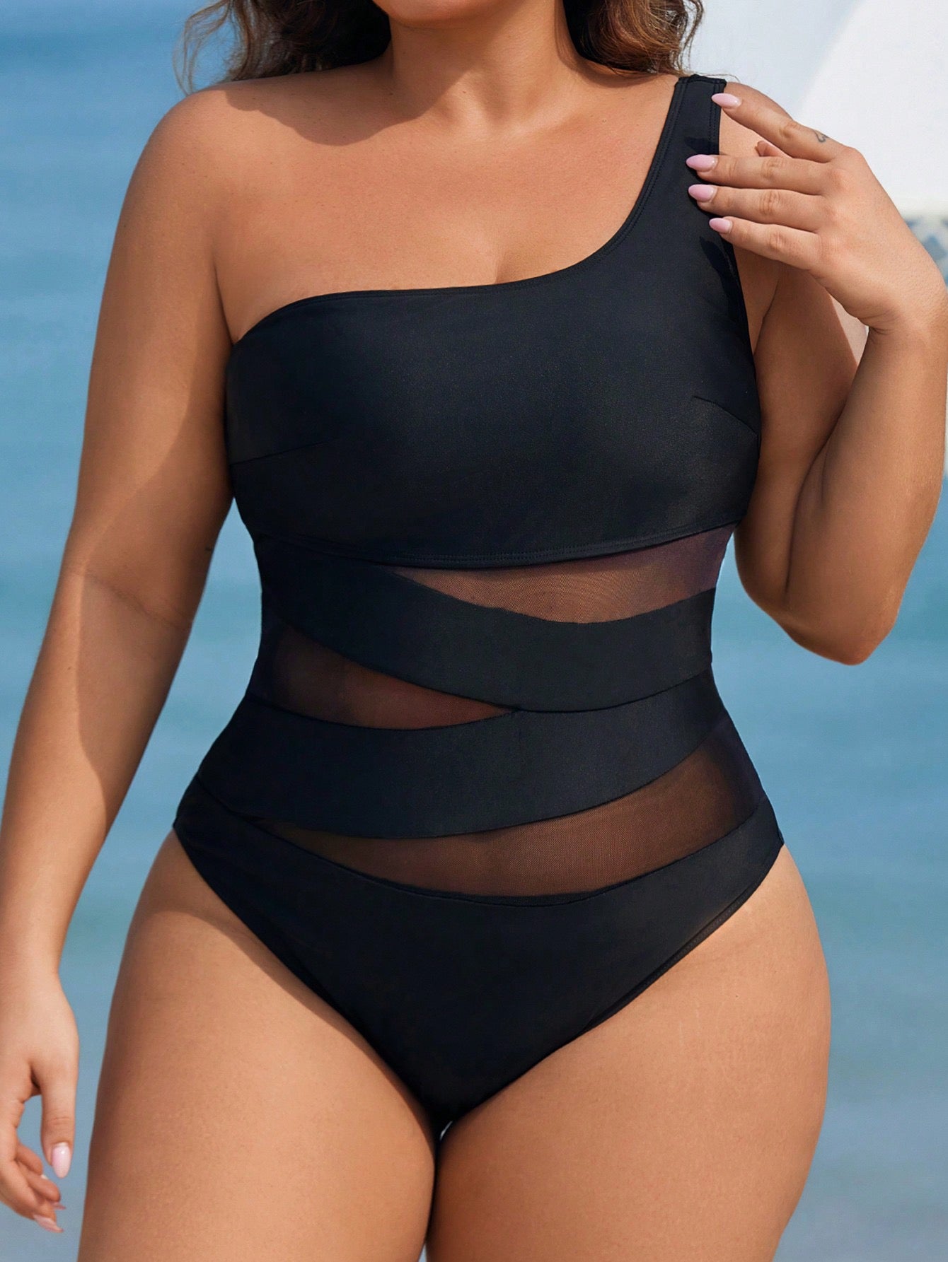 #7598 Mesh Contrast Solid Color One Piece Swimsuit