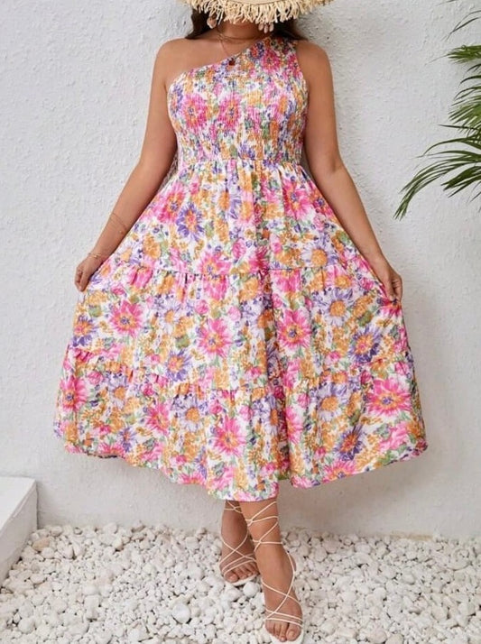 Floral Print One Shoulder Dress