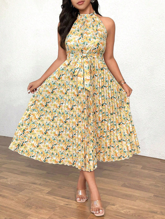 #8592 Floral Print Halter Neck A-Line Pleated Hem Vacation Dress