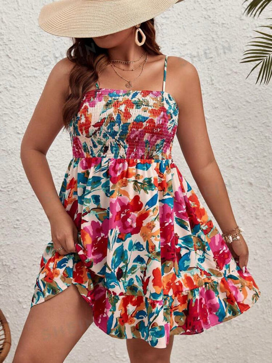 5041 Floral Print Ruffle Hem Cami Flower Dress