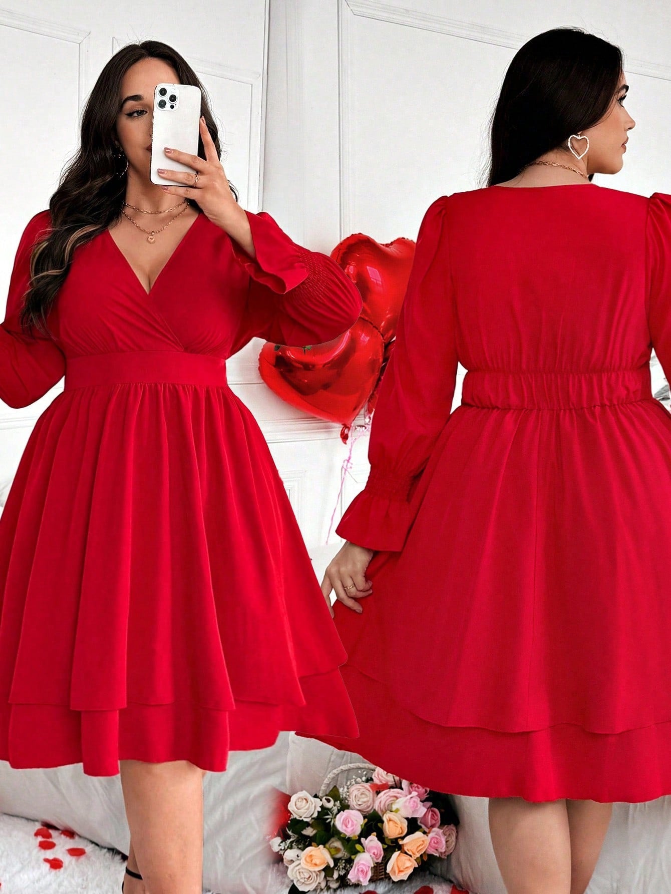 #5447 Solid Color Cross Shirred Double-Layered Hem Elastic Cuff Long Sleeve Dress
