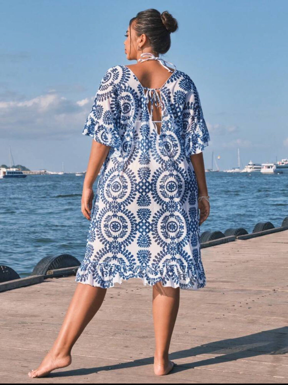 #1109 Plant Print V-Neck Batwing Sleeve Loose Cover Up Dress